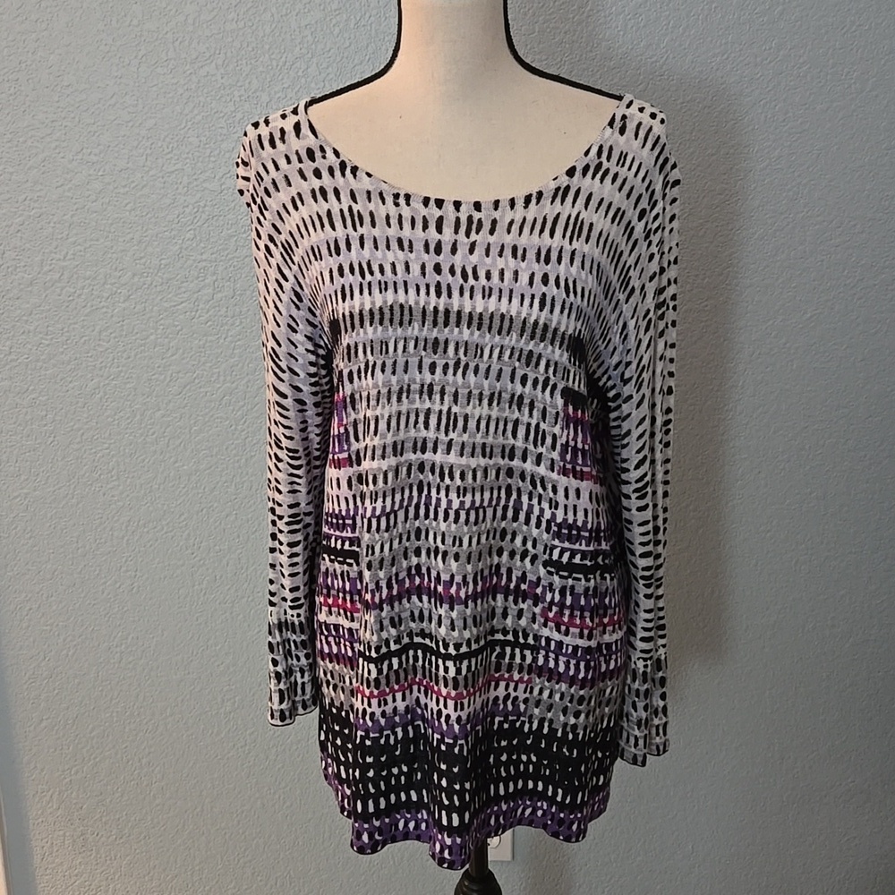 ZOZO Abstract Print Linen Blend Sweater Bell Sleeves Scoop Neck Sz XL Multicolor